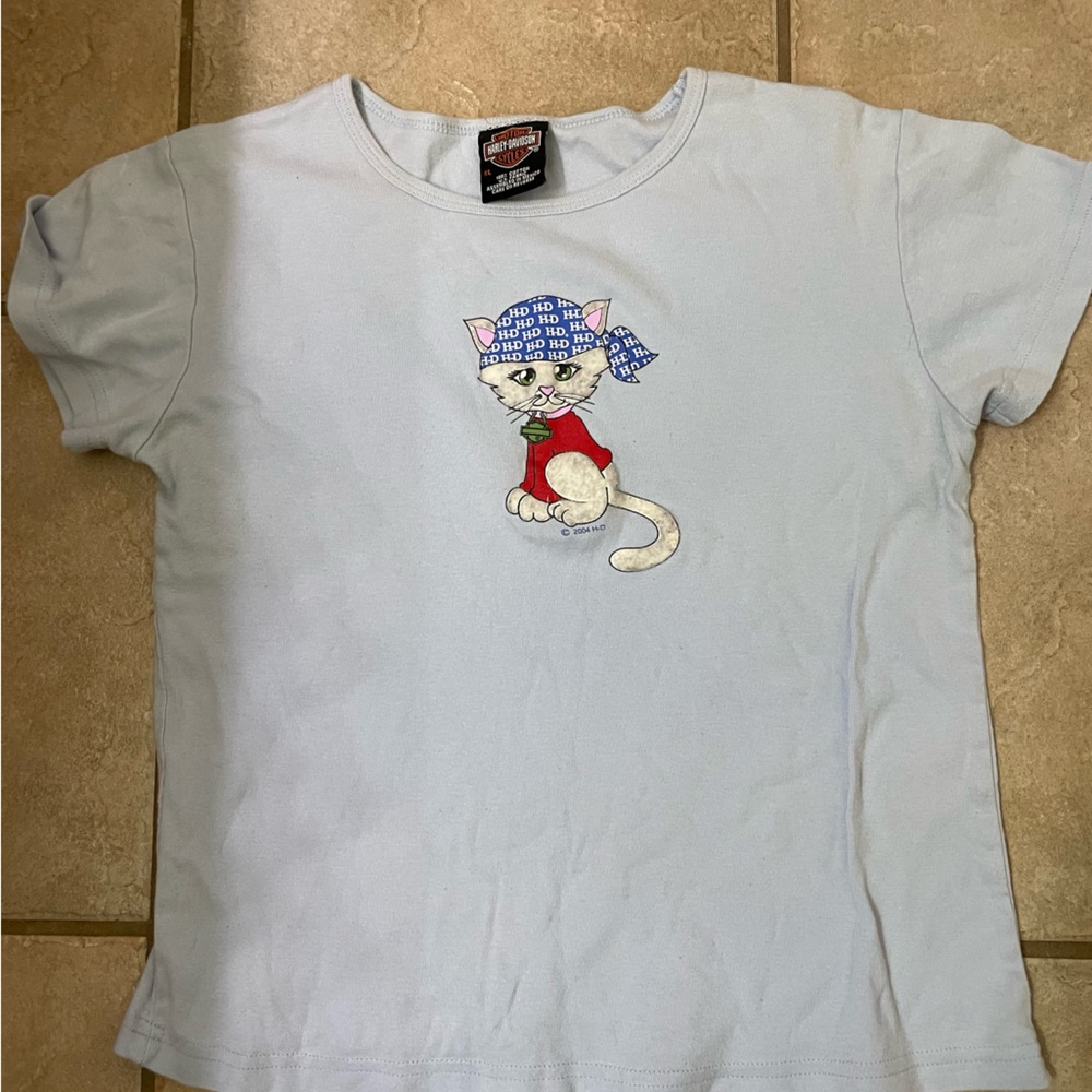Women’s Harley Davidson, short sleeve, light blue cat shirt